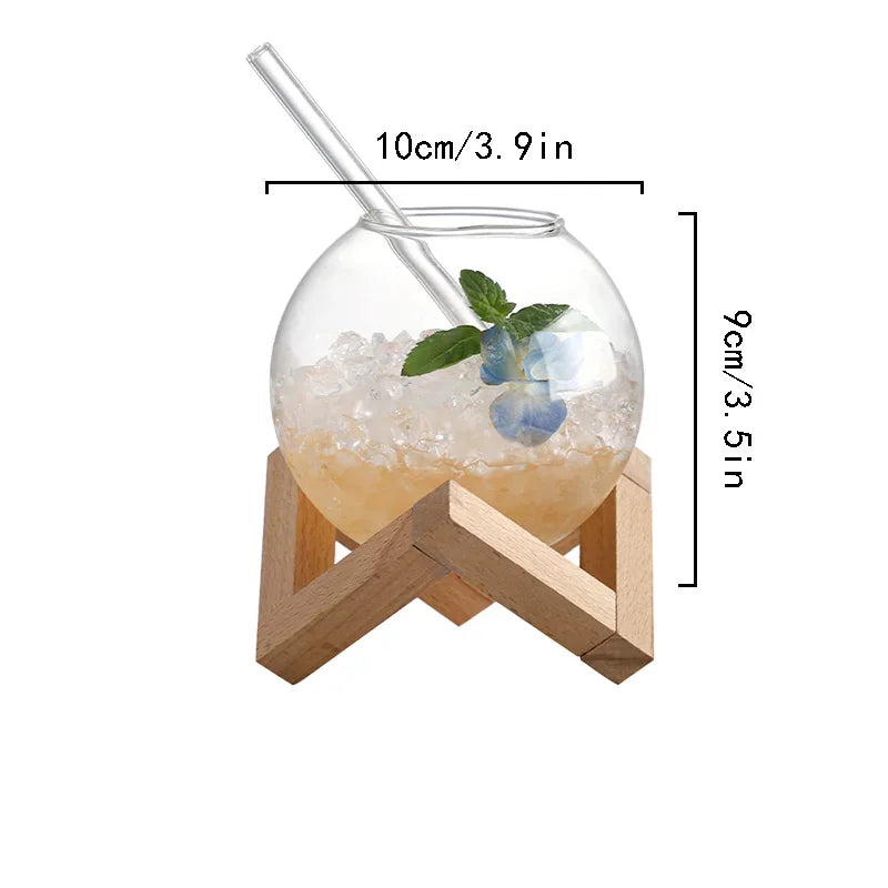 Bubble Glass Cup With Wood Stand