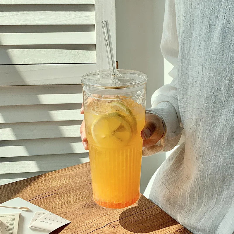 Stripe Glass Cup with Lid and Straw