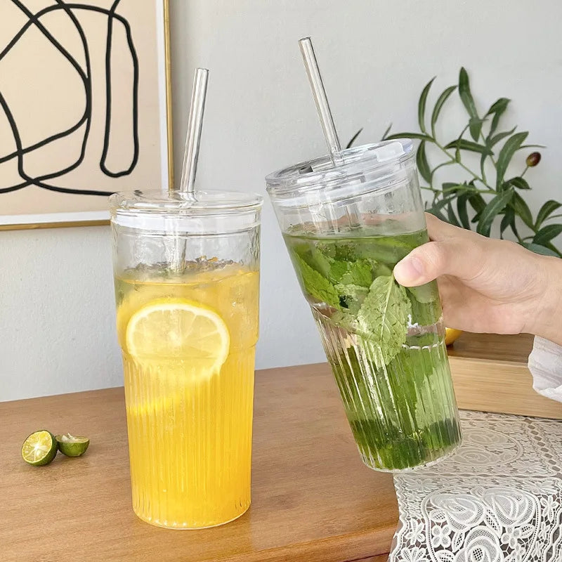 Stripe Glass Cup with Lid and Straw