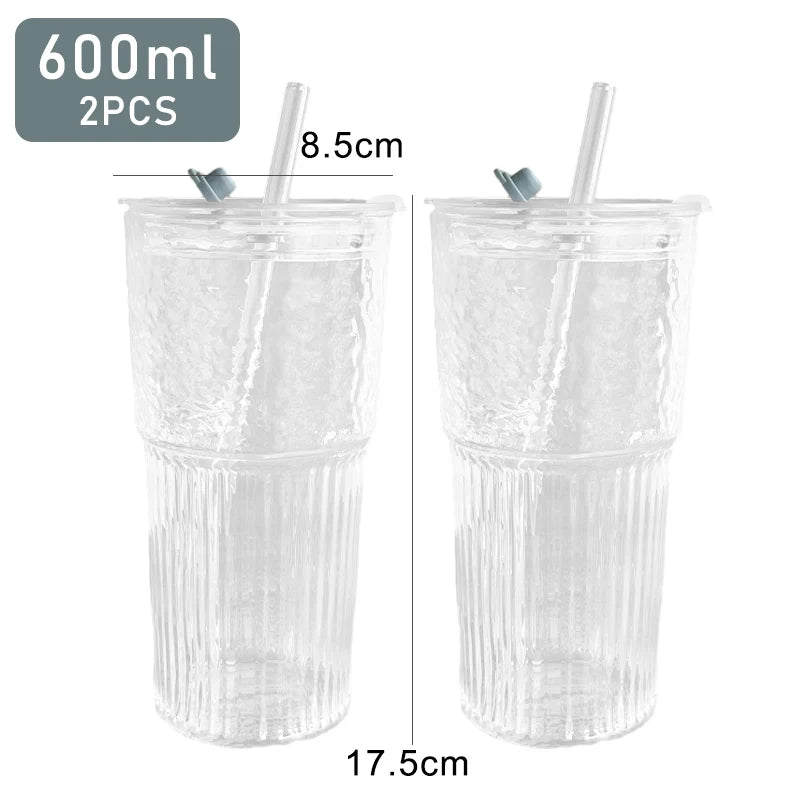 Stripe Glass Cup with Lid and Straw
