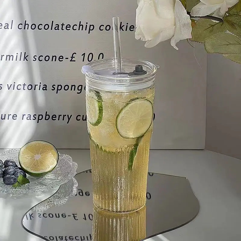 Stripe Glass Cup with Lid and Straw