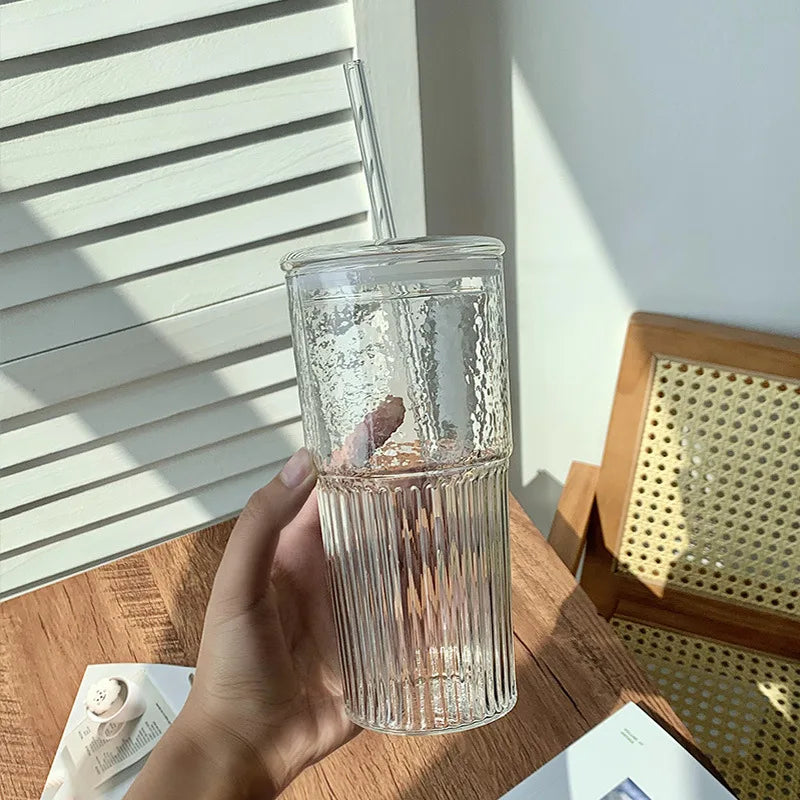 Stripe Glass Cup with Lid and Straw