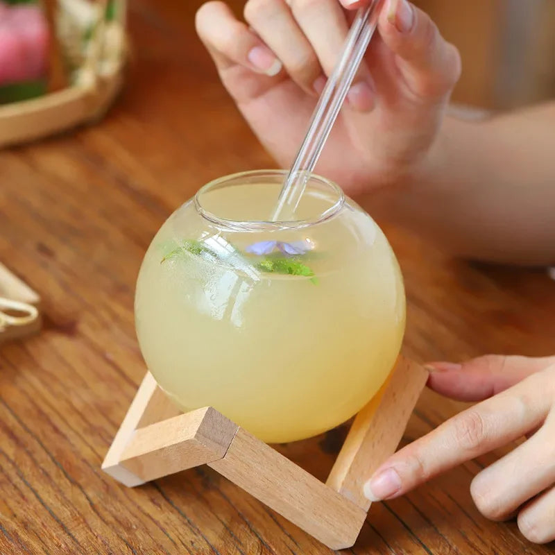 Bubble Glass Cup With Wood Stand