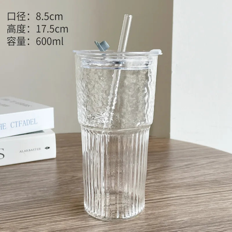 Stripe Glass Cup with Lid and Straw