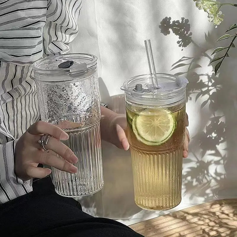 Stripe Glass Cup with Lid and Straw