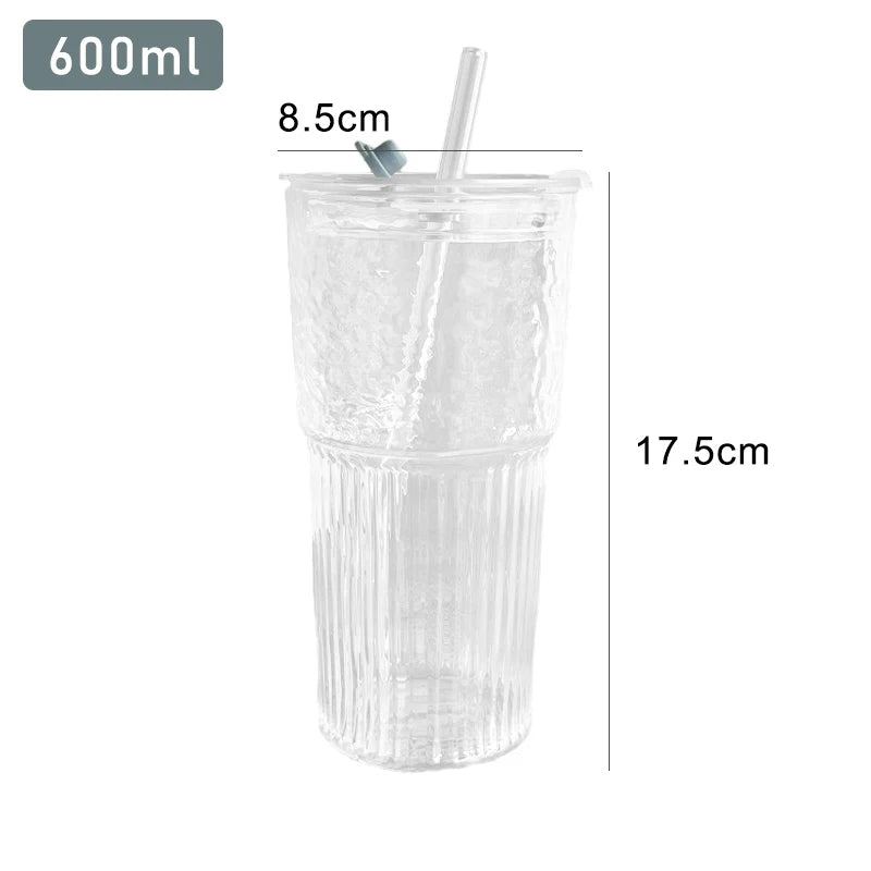 Stripe Glass Cup with Lid and Straw