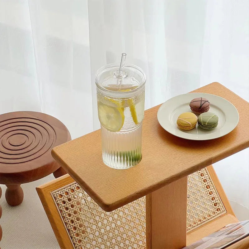 Stripe Glass Cup with Lid and Straw