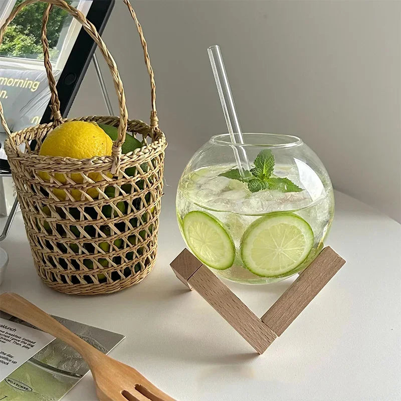 Bubble Glass Cup With Wood Stand
