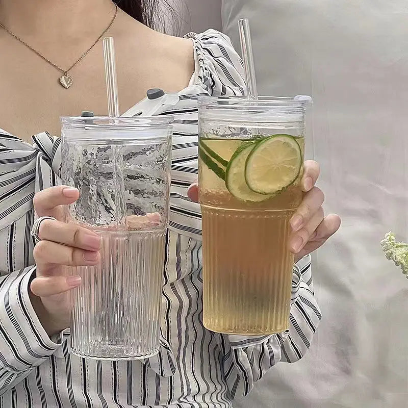 Stripe Glass Cup with Lid and Straw