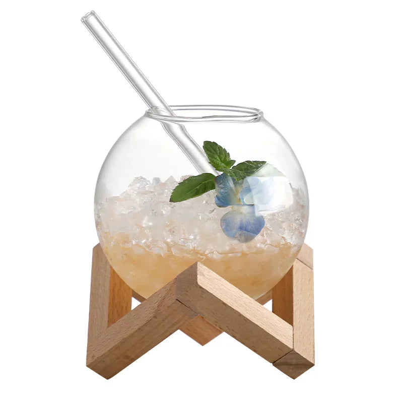 Bubble Glass Cup With Wood Stand