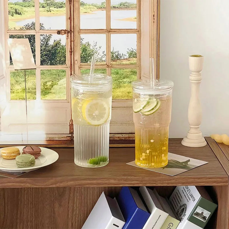Stripe Glass Cup with Lid and Straw